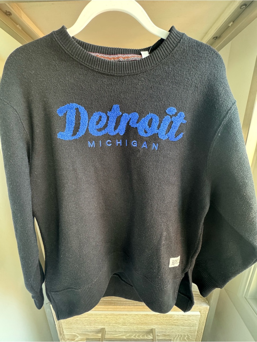 Detroit Michigan Embroidered Crewneck Sweater - Black with Blue Script